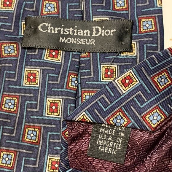 Vintage 80s Christian Dior Monsieur Necktie Tie 100% Silk Blue Abstract Luxe - Picture 3 of 6